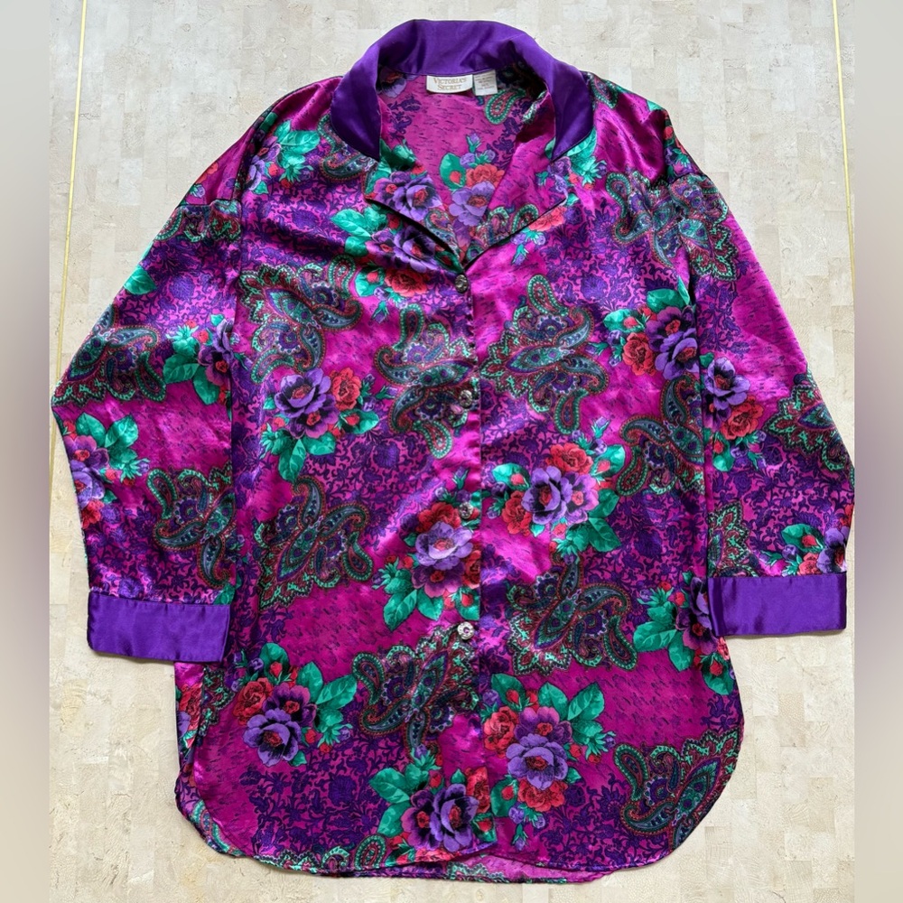 Vintage 90s Victorias Secret Gold‎ Label Purple Floral Night Shirt PJ Size M/L